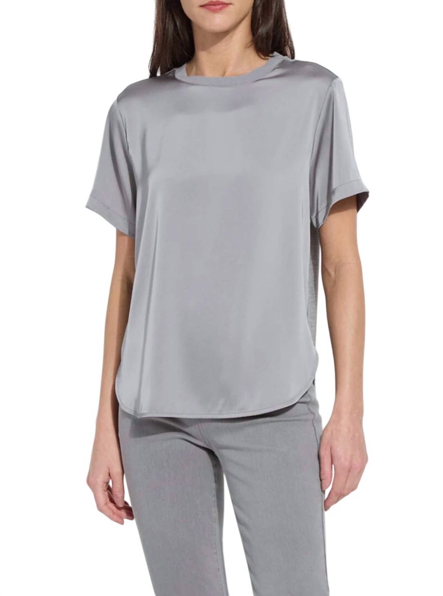 Lysse Aline Crew Neck Mix Media Top in dark heather grey - women's blouse