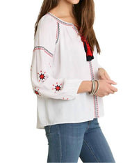 Umgee - Embroidered Tassel Tie Blouse