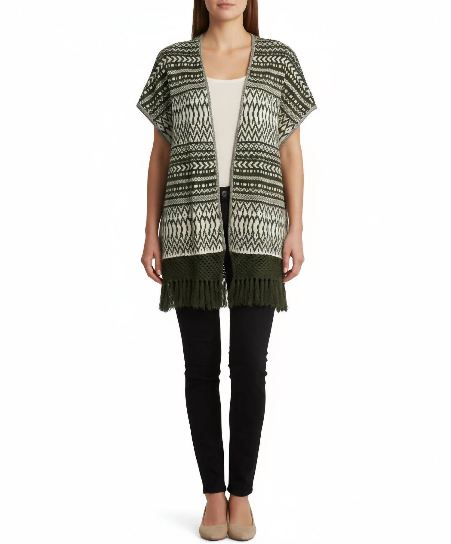Skies Are Blue - Tribal Pattern With Fringe Open Poncho