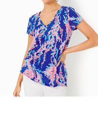 Lilly Pulitzer Etta V-neck Top in borealis blue swim on over - women's t-shirt