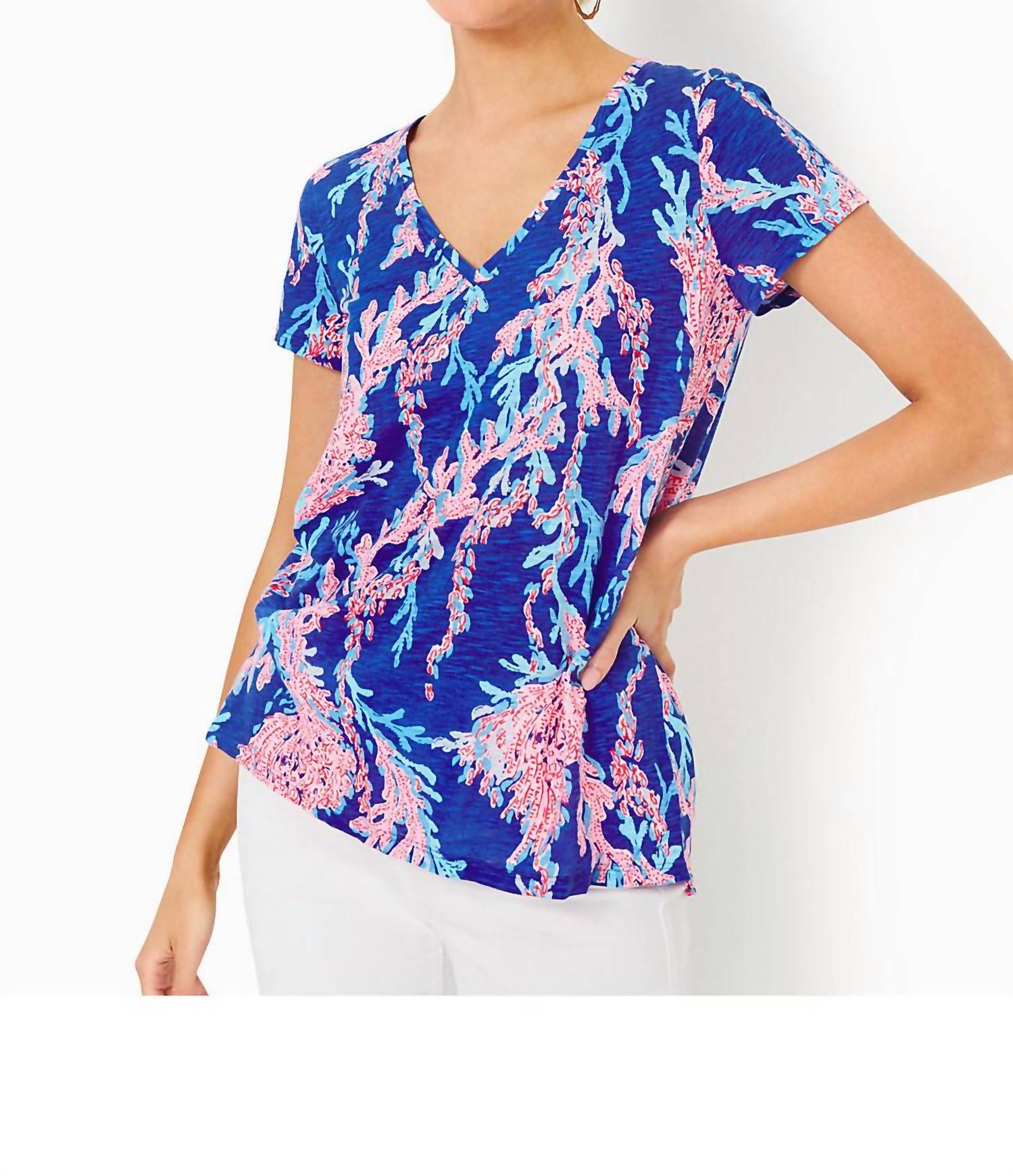 Lilly Pulitzer Etta V-neck Top in borealis blue swim on over - women's t-shirt