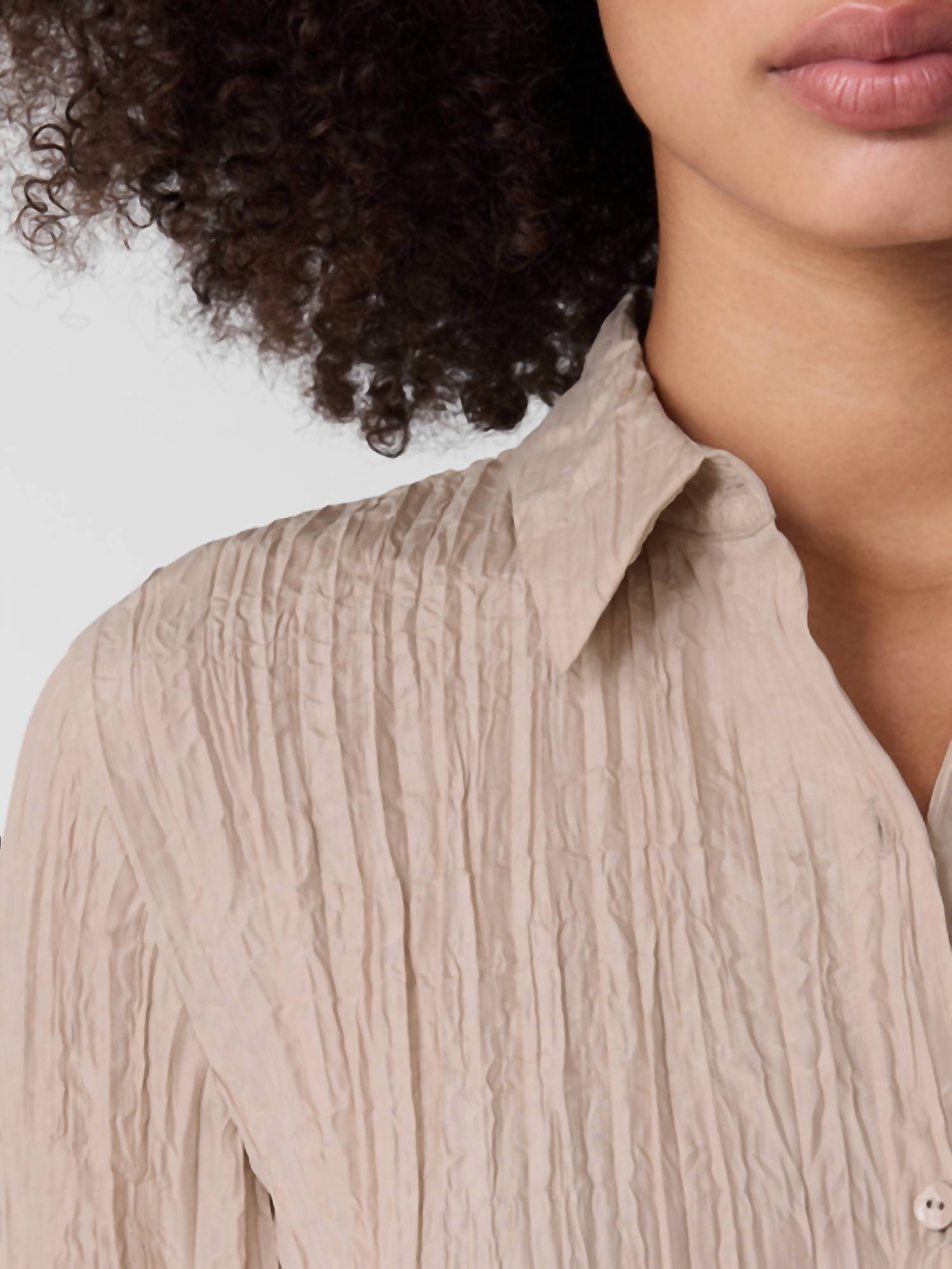 Eileen Fisher - Classic Collar Long Pleated Shirt - beige - button - down - shirts - clothing