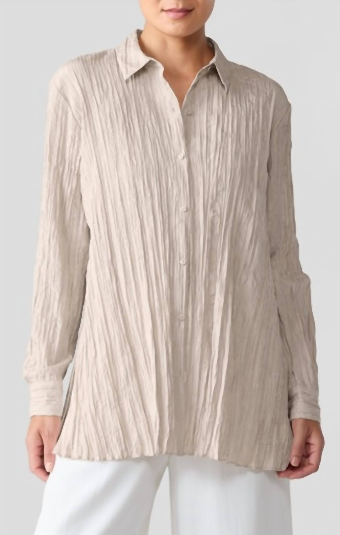 Eileen Fisher - Classic Collar Long Pleated Shirt - beige - button - down - shirts - clothing