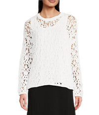 Eileen Fisher - Open Stitch Round Neck Long Sleeve Sweater - clothing - cotton - crew