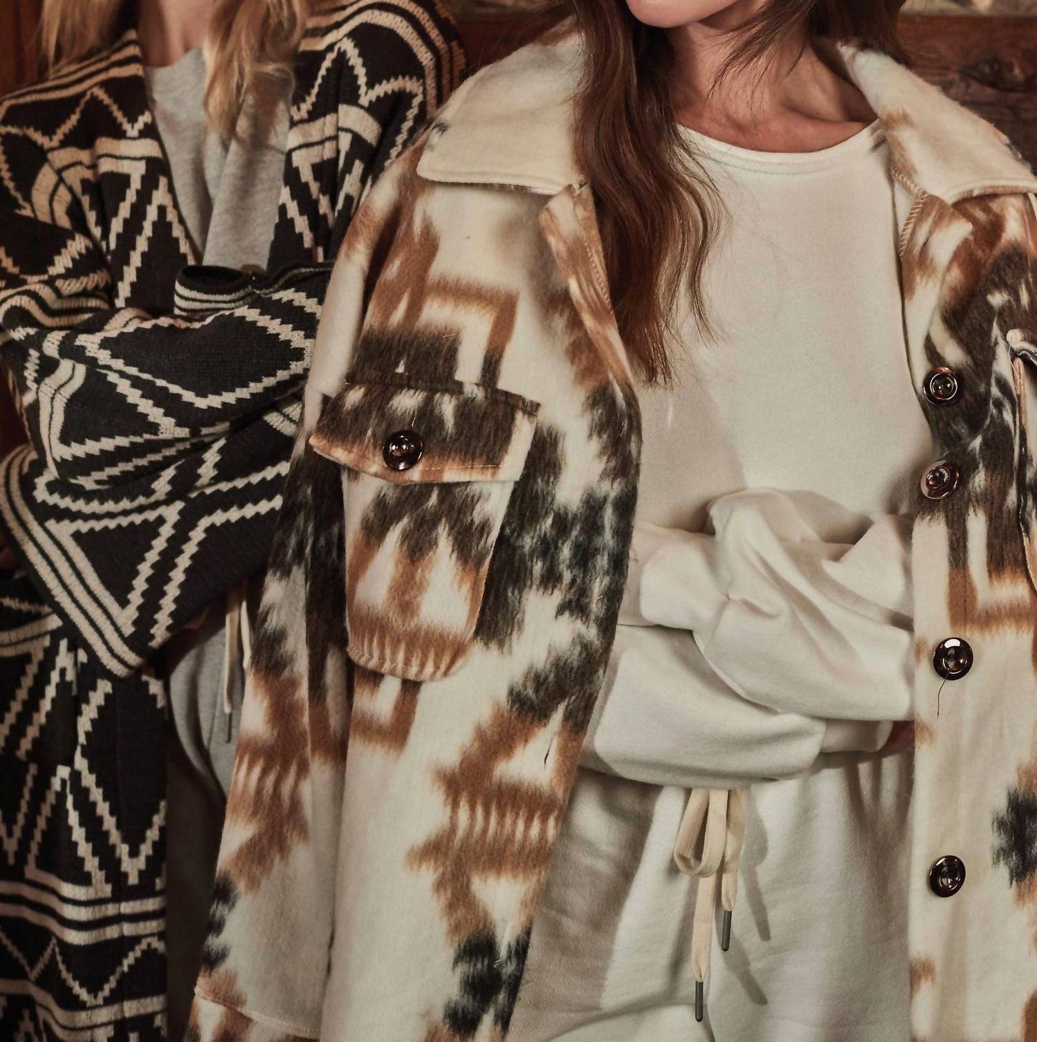 Elan - Aztec Print Coat - brown - clothing - coats