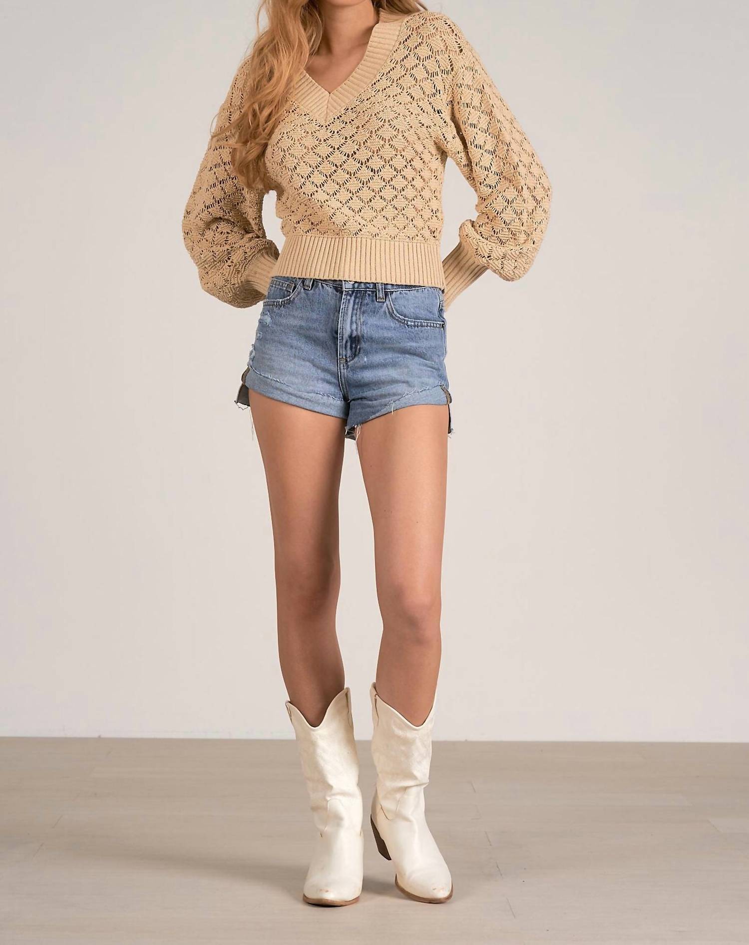 Elan - Brie V - neck Long Sleeve Sweater - beige - clothing - cotton - blend