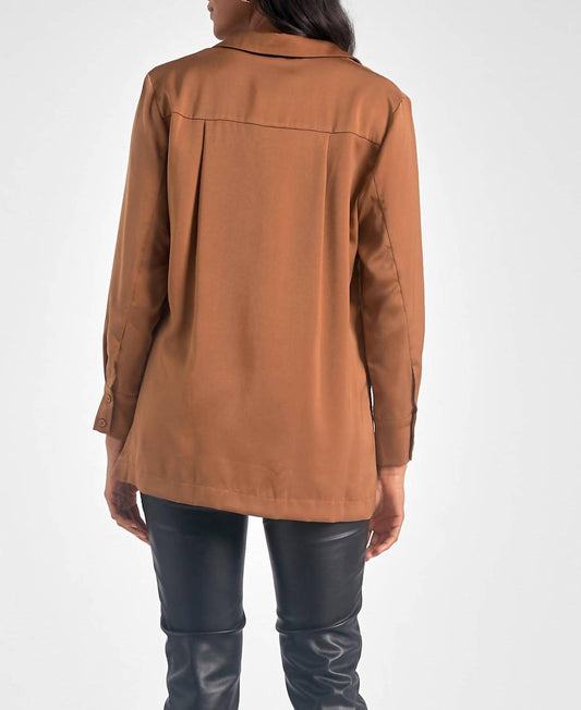 Elan - Button Down High Slit Blouse - blouses - brown - clothing