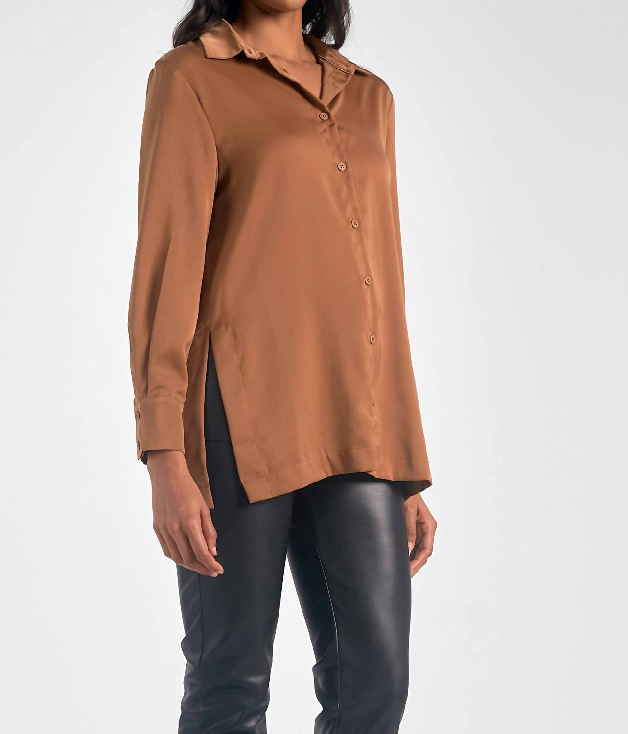 Elan - Button Down High Slit Blouse - blouses - brown - clothing