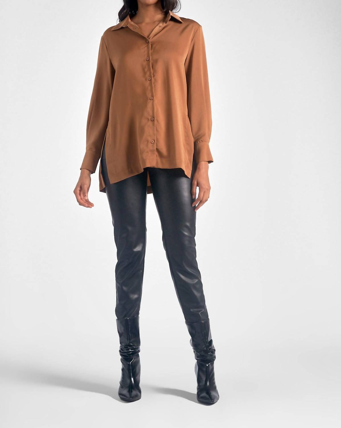 Elan - Button Down High Slit Blouse - blouses - brown - clothing