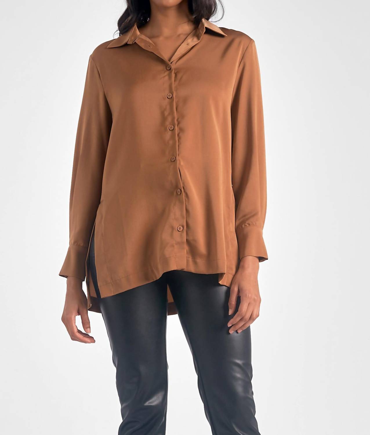 Elan - Button Down High Slit Blouse - blouses - brown - clothing