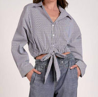 Elan - Button Up Stripe Blouse With Tie Bottom