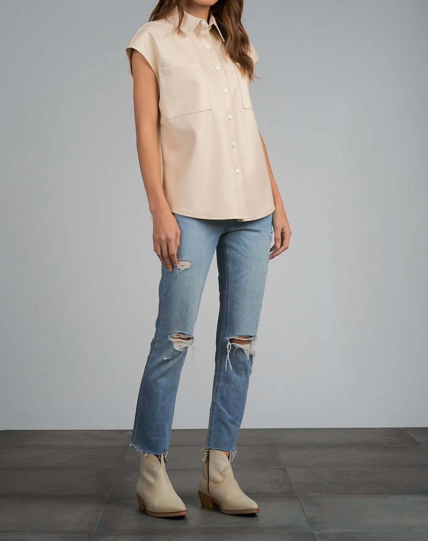 Elan - Cap Sleeve Faux Leather Top - beige - blouses - clothing