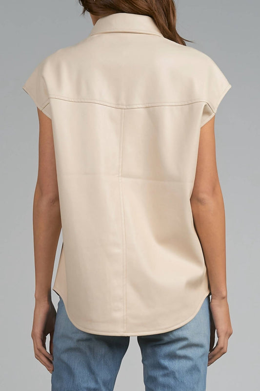 Elan - Cap Sleeve Faux Leather Top - beige - blouses - clothing