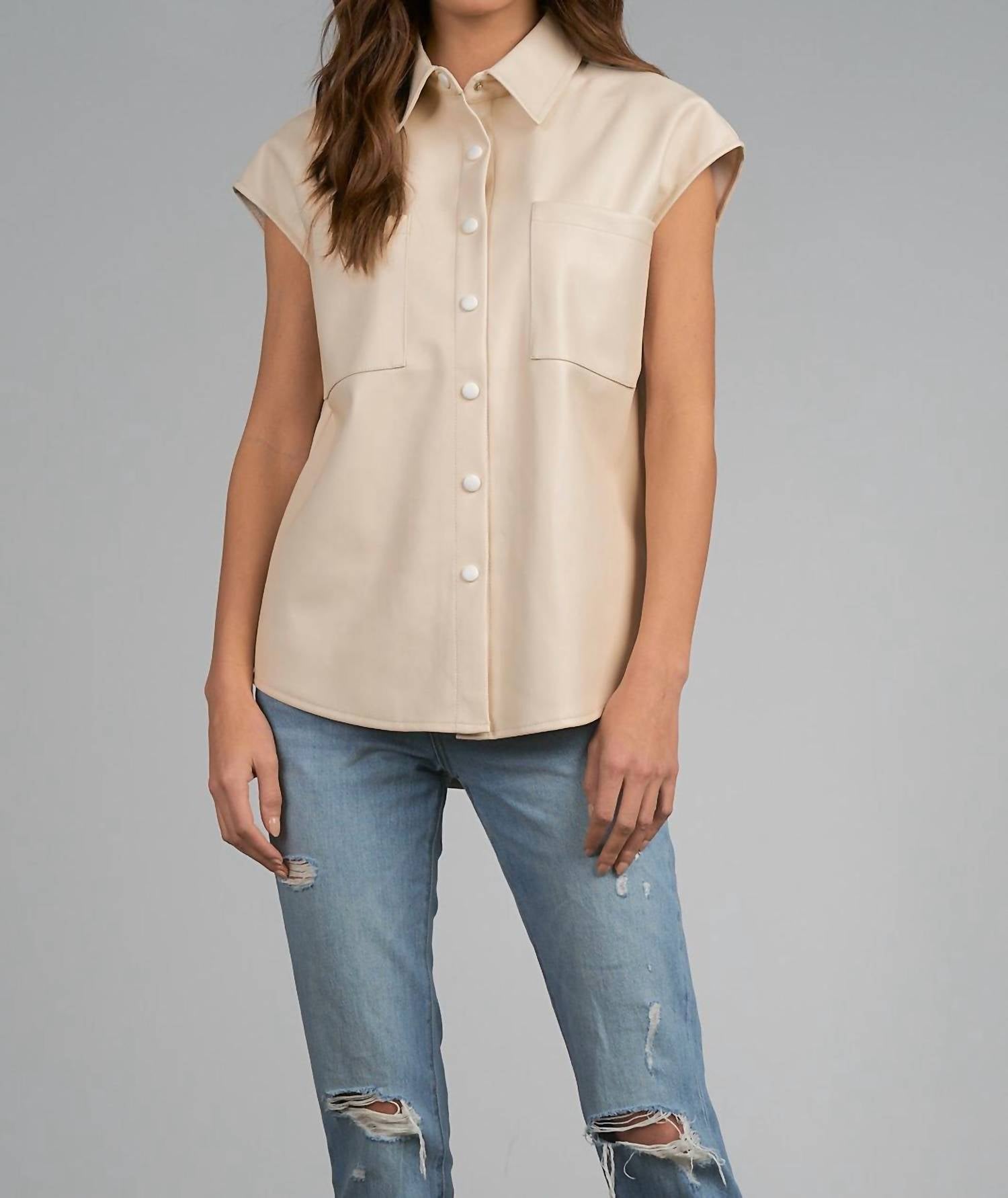 Elan - Cap Sleeve Faux Leather Top - beige - blouses - clothing