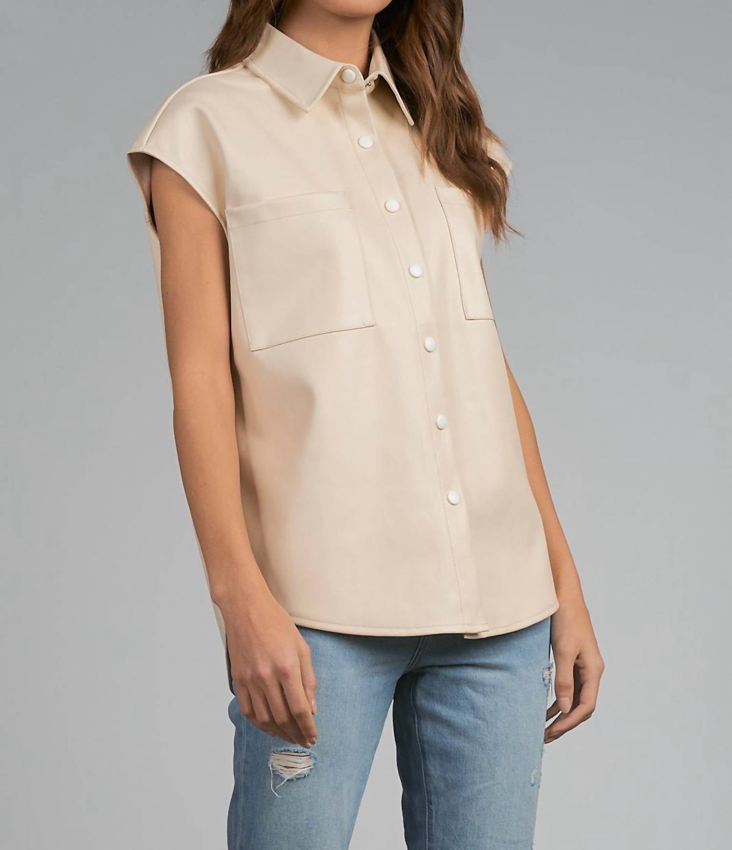 Elan - Cap Sleeve Faux Leather Top - beige - blouses - clothing