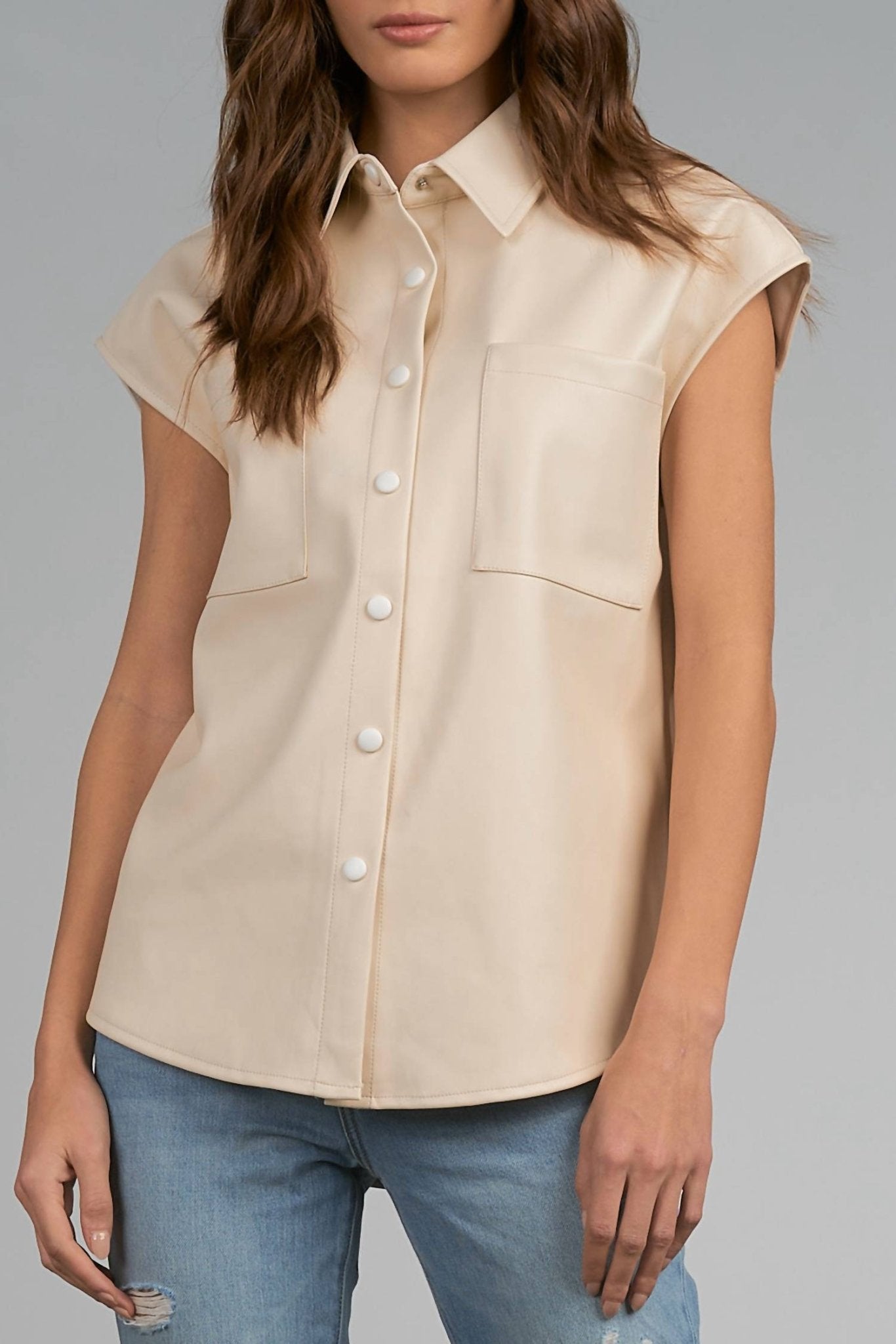 Elan - Cap Sleeve Faux Leather Top - beige - blouses - clothing