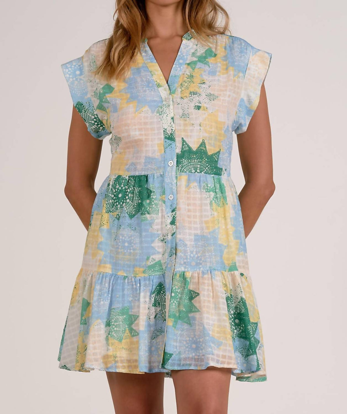 Elan - Cap Sleeve Windowpane Printed Dress
