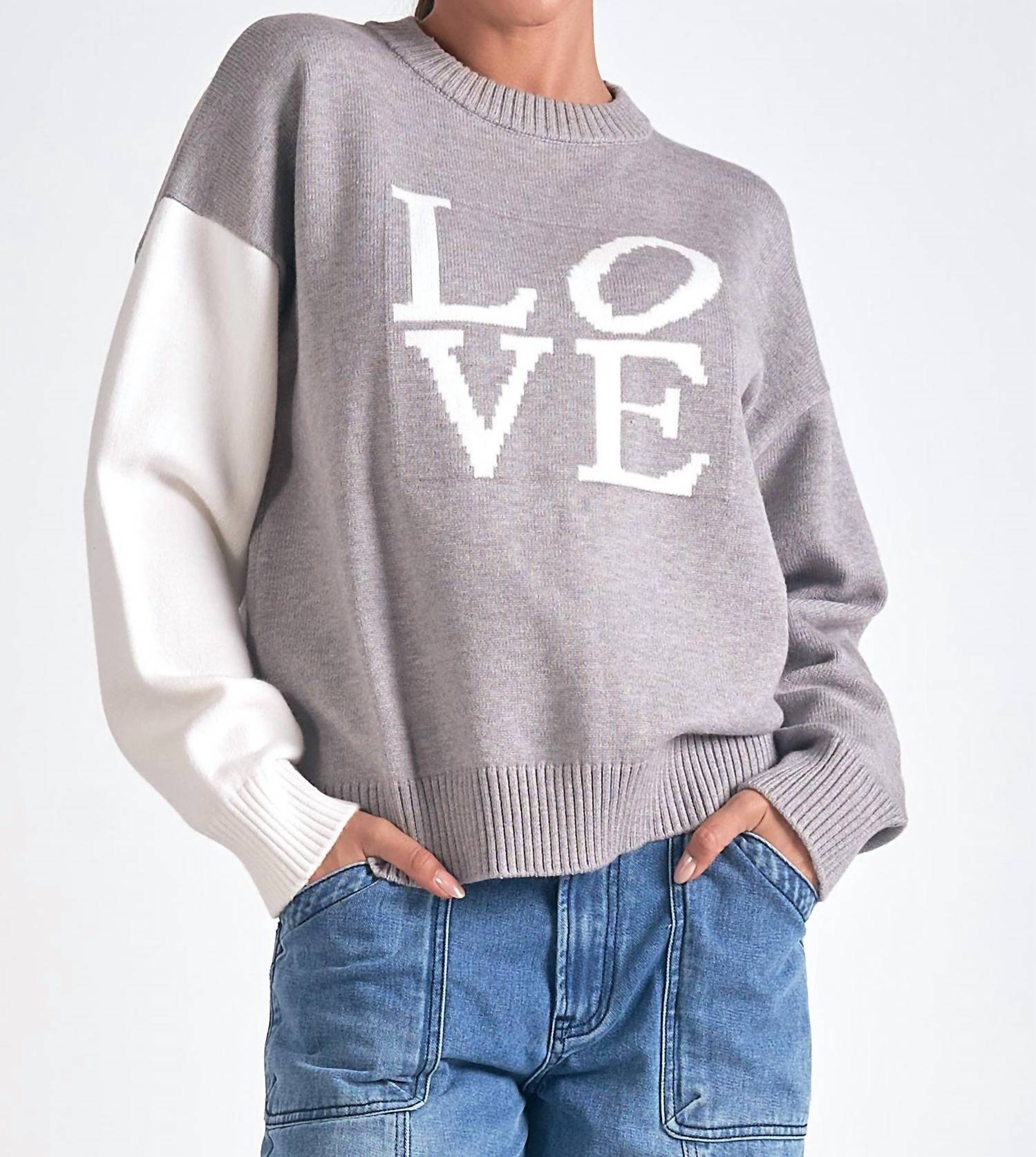 Elan - Colorblock Love Round Neck Sweater - clothing - crew - graphic