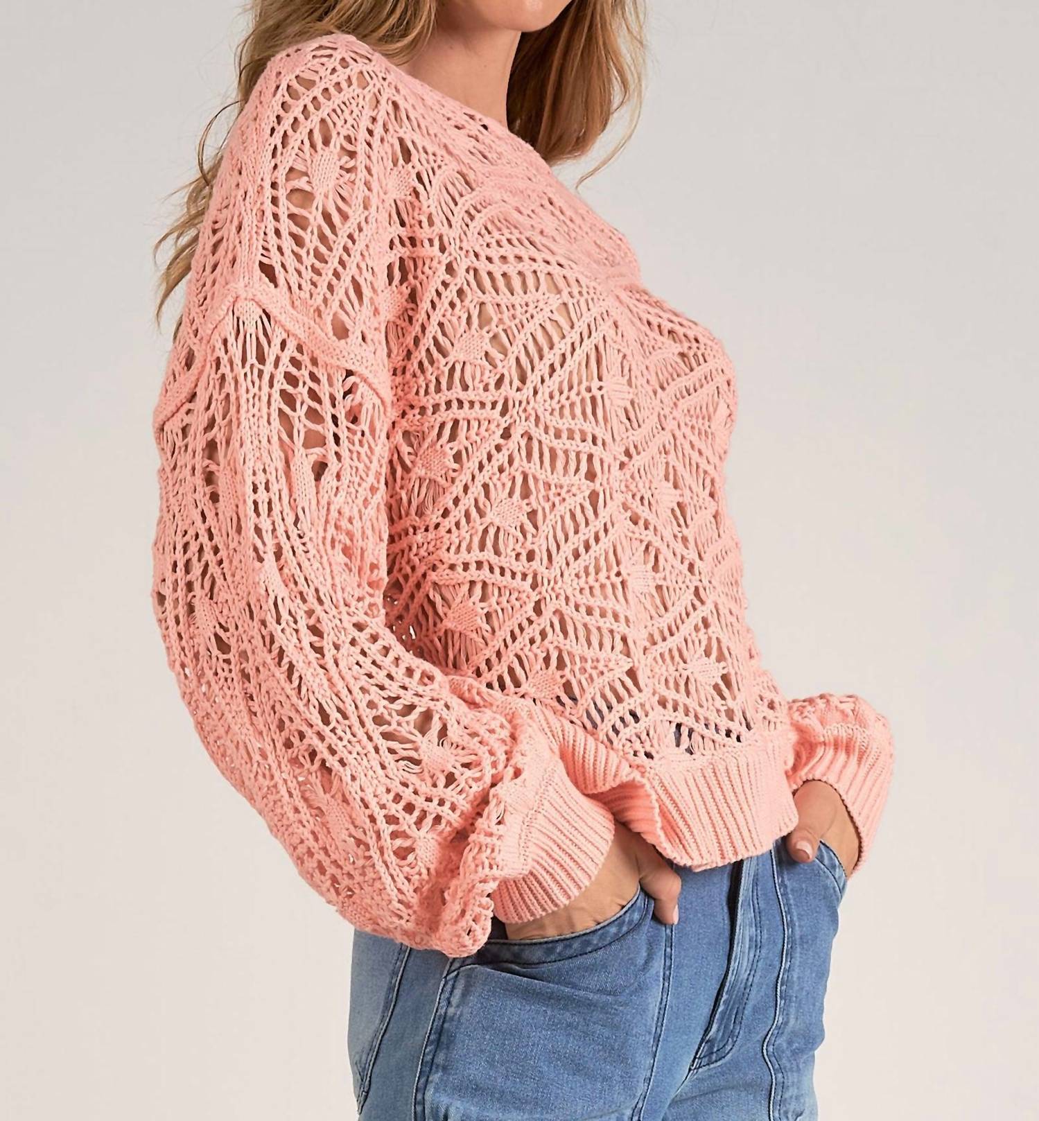 Elan - Crochet Boat Neck Sweater - clothing - cotton - crew