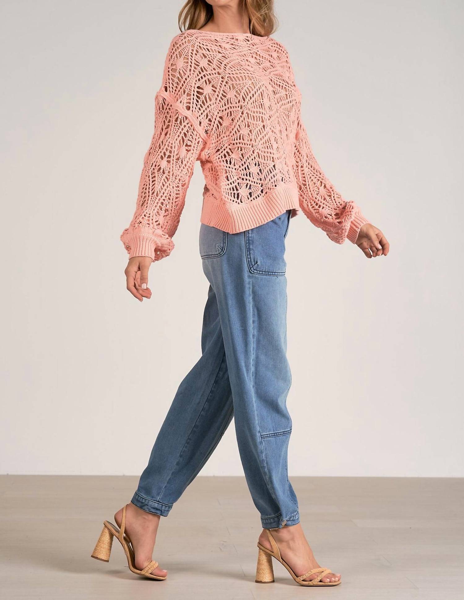 Elan - Crochet Boat Neck Sweater - clothing - cotton - crew