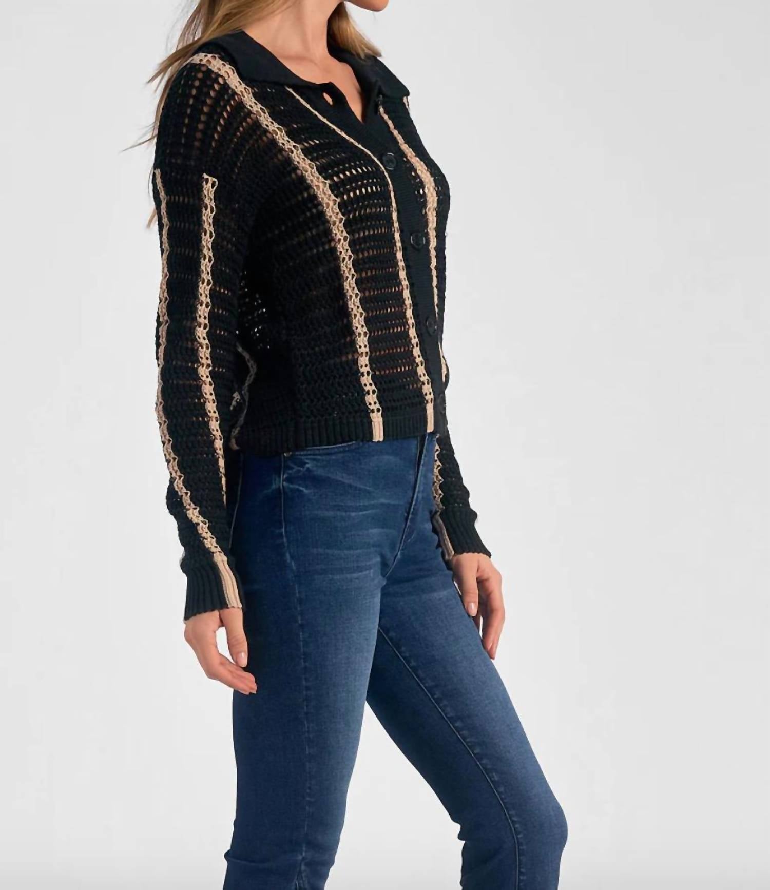 Elan - Crochet Button Down Sweater - black - clothing - cotton - blend