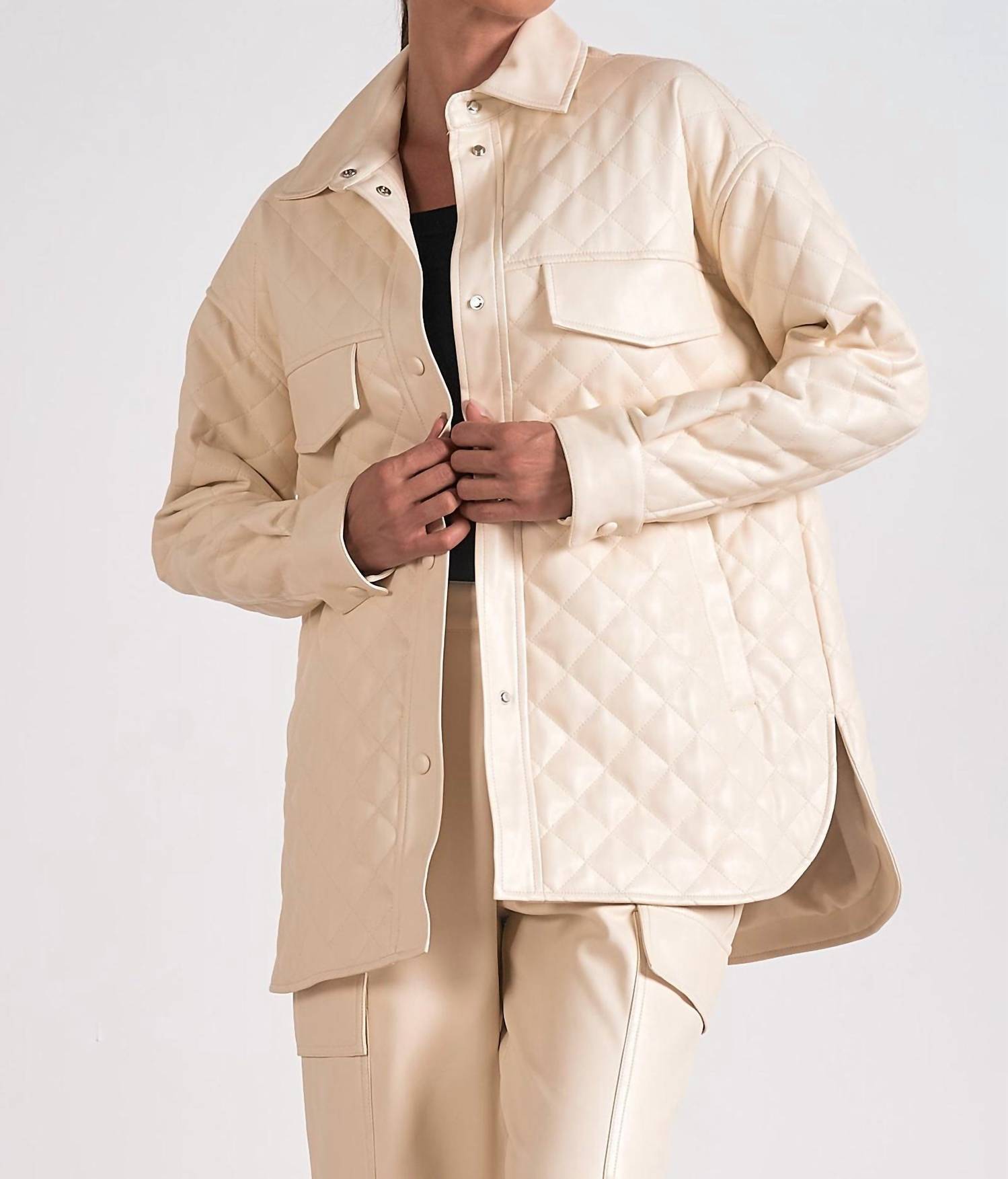 Elan - Faux Leather Quilted Jacket - beige - clothing - coats
