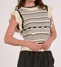 Elan - Flutter Sleeve Crew Neck Sweater Top - acrylic - black - clothing