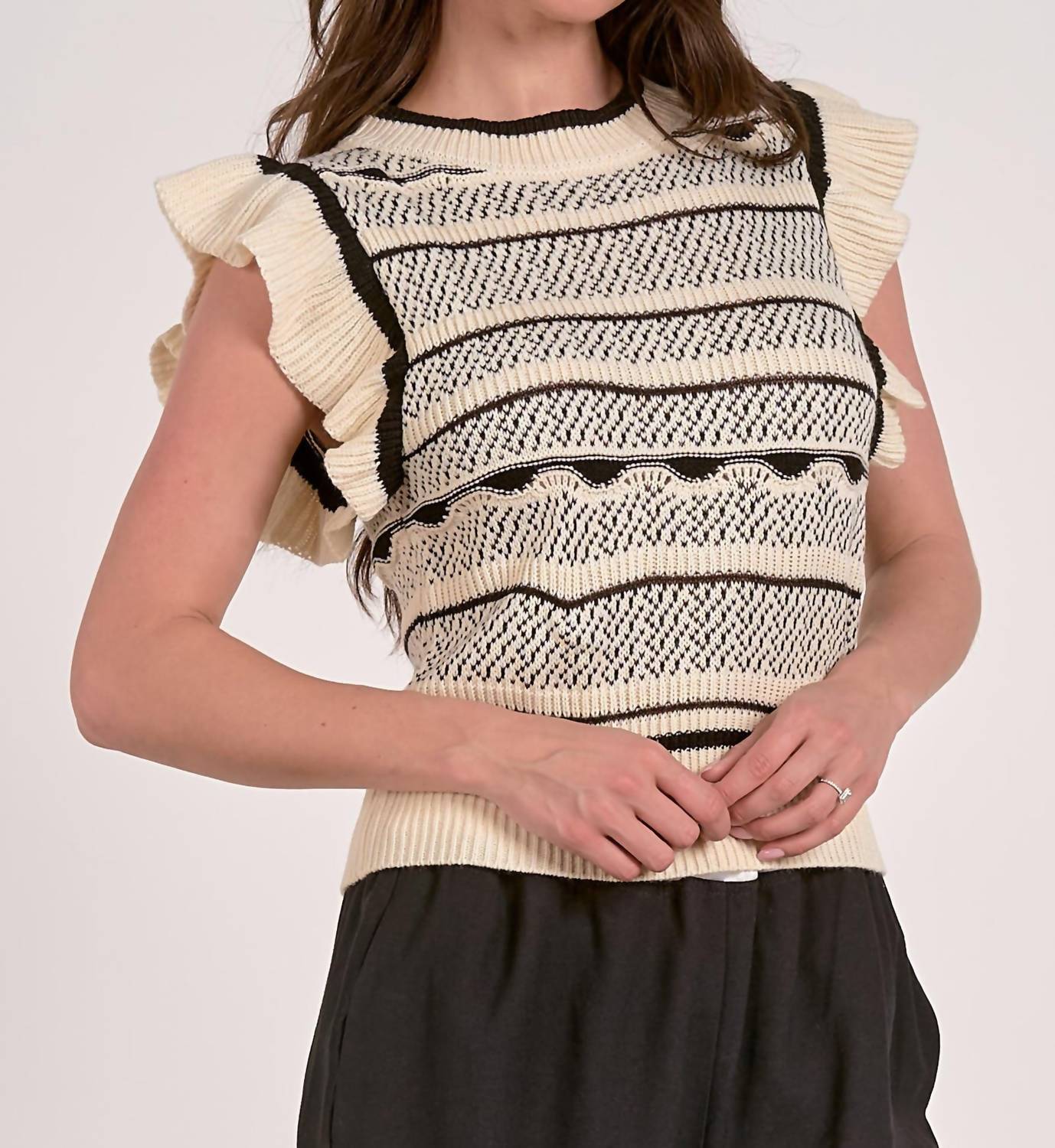 Elan - Flutter Sleeve Crew Neck Sweater Top - acrylic - black - clothing