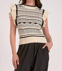 Elan - Flutter Sleeve Crew Neck Sweater Top - acrylic - black - clothing