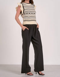 Elan - Flutter Sleeve Crew Neck Sweater Top - acrylic - black - clothing