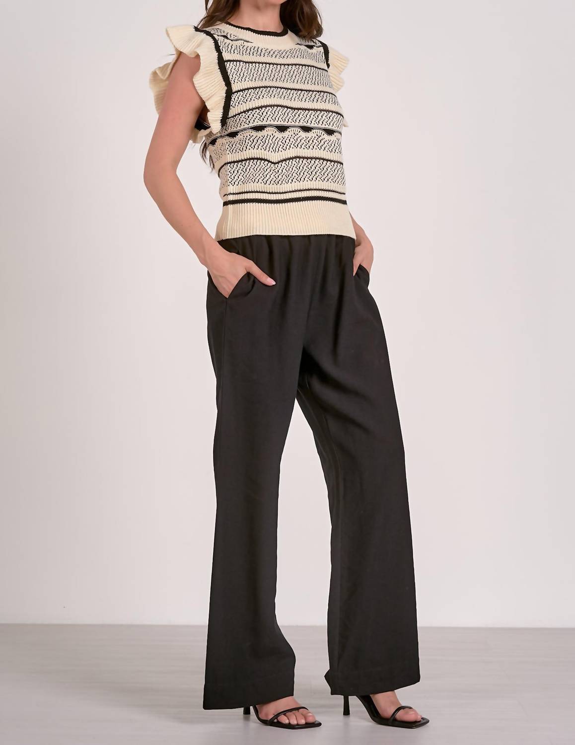 Elan - Flutter Sleeve Crew Neck Sweater Top - acrylic - black - clothing