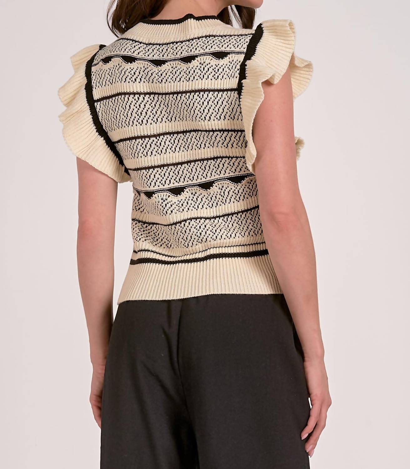 Elan - Flutter Sleeve Crew Neck Sweater Top - acrylic - black - clothing