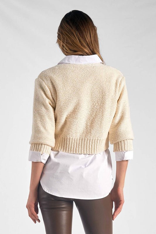 Elan - Heidi V - neck Sweater Collar Top Set - beige - clothing - cotton - blend