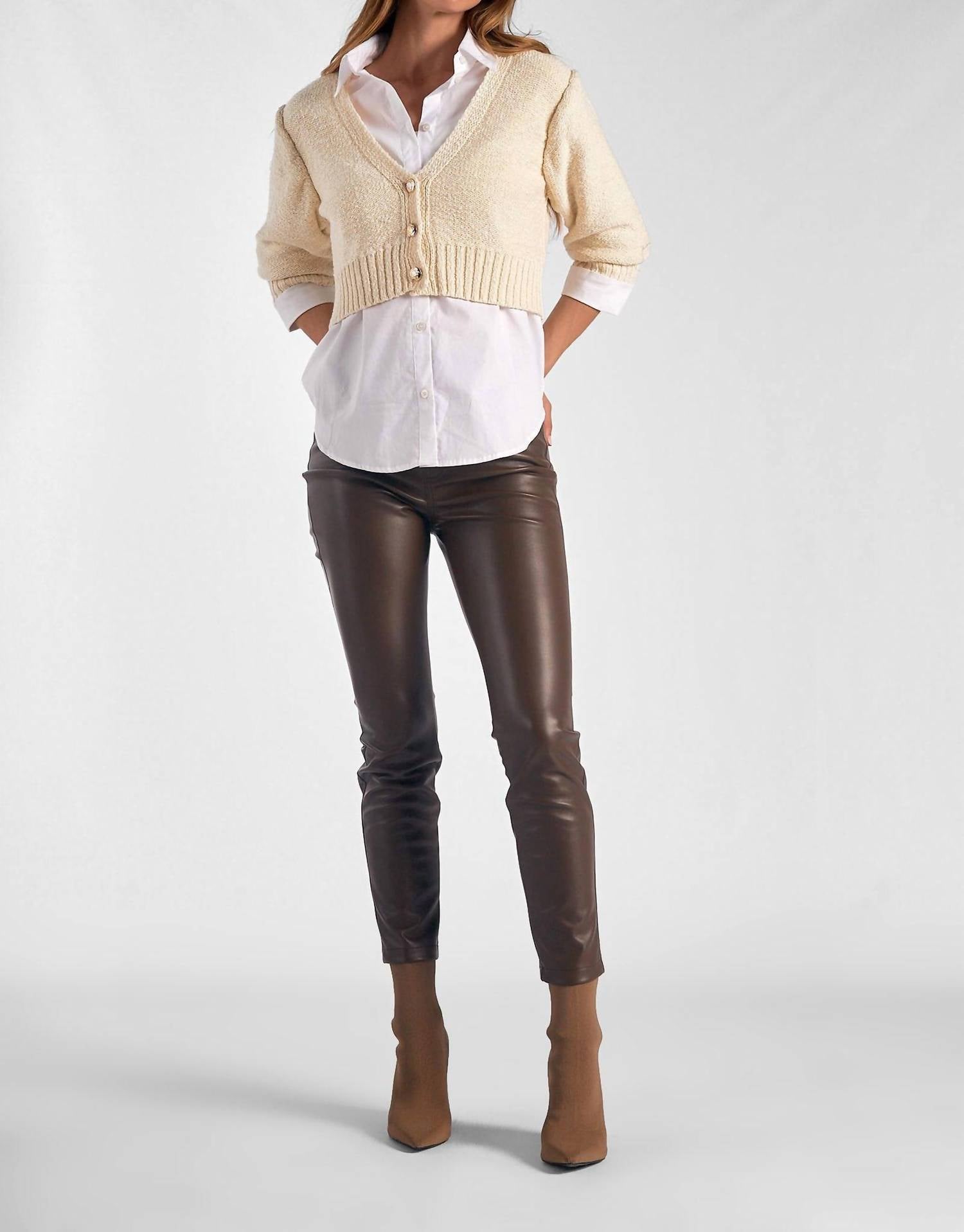Elan - Heidi V - neck Sweater Collar Top Set - beige - clothing - cotton - blend
