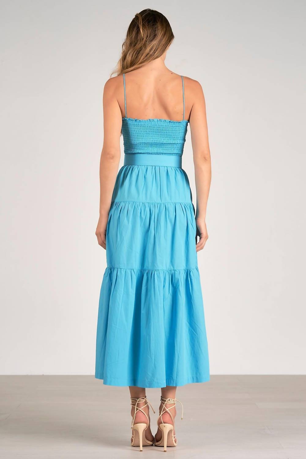 Elan - Jillian Smocked Belted Midi Dress - blue - clothing - cotton