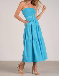 Elan - Jillian Smocked Belted Midi Dress - blue - clothing - cotton