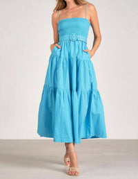 Elan - Jillian Smocked Belted Midi Dress - blue - clothing - cotton