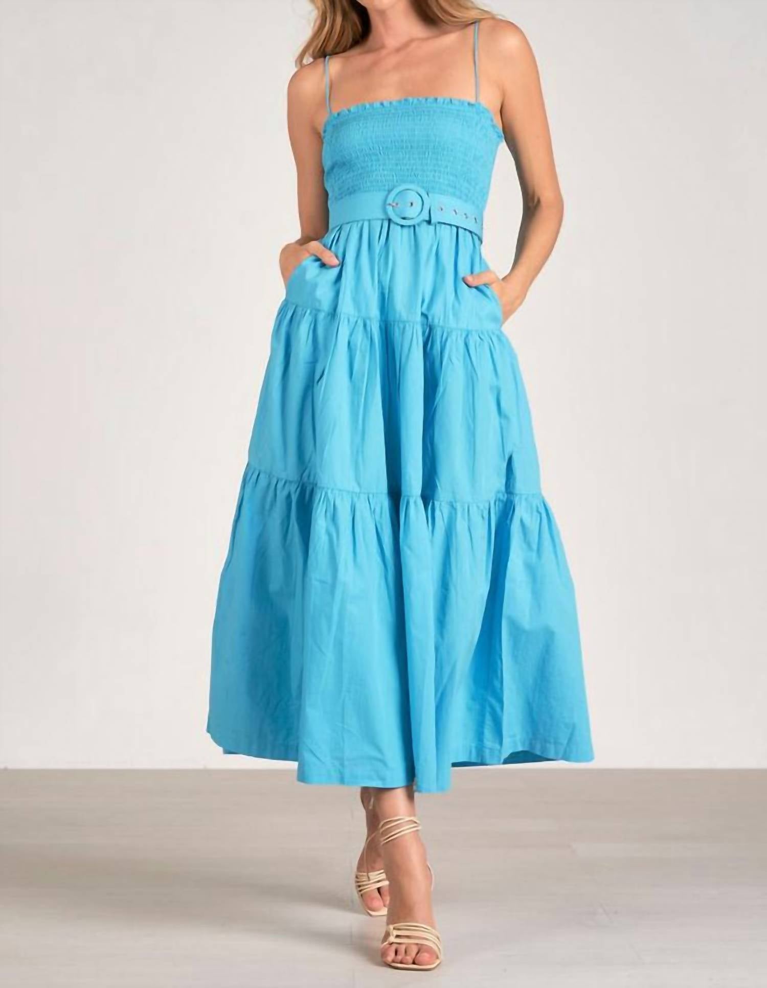 Elan - Jillian Smocked Belted Midi Dress - blue - clothing - cotton