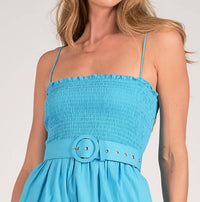 Elan - Jillian Smocked Belted Midi Dress - blue - clothing - cotton