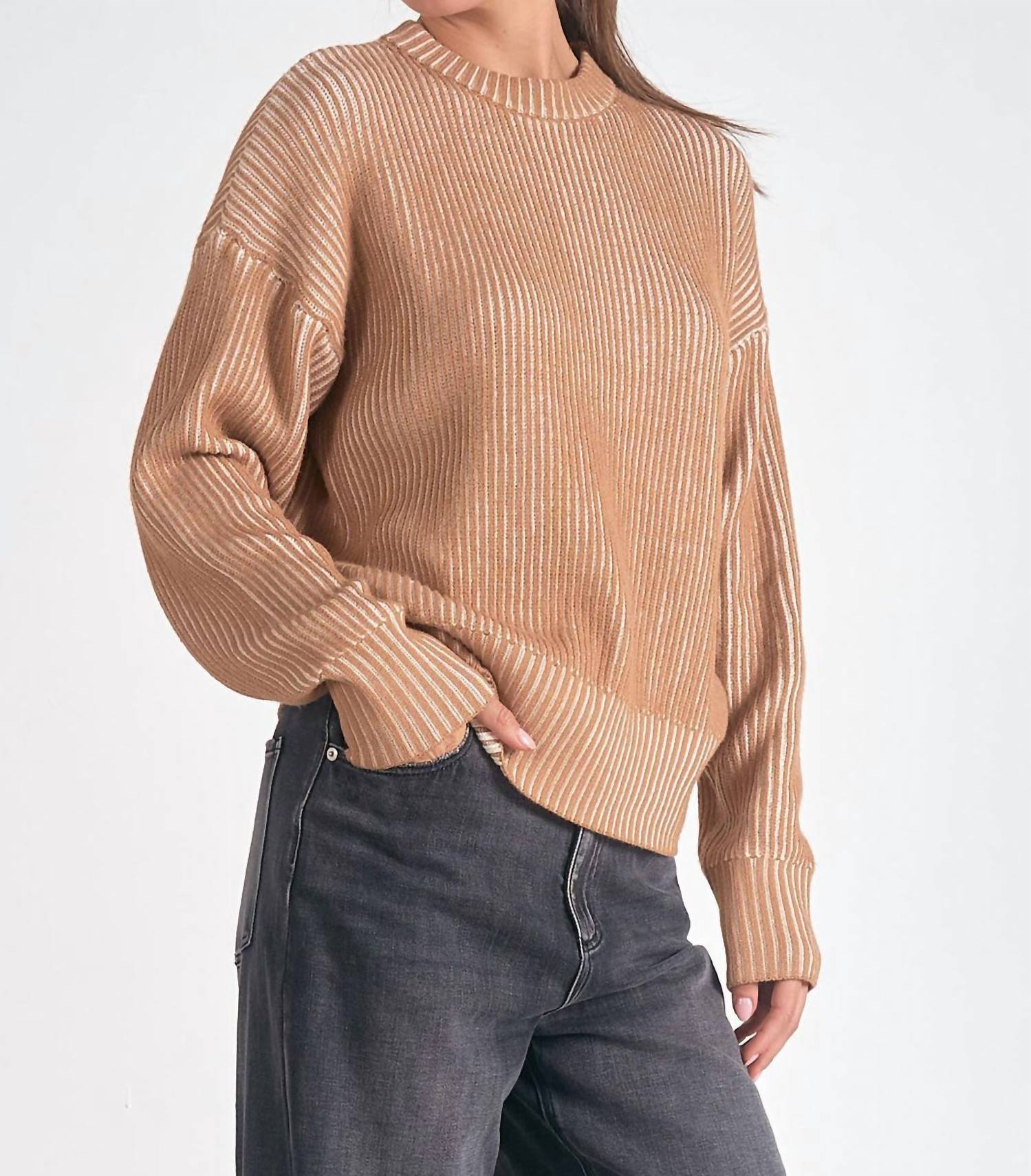 Elan - Kendra Ribbed Crewneck Sweater - brown - clothing - crew