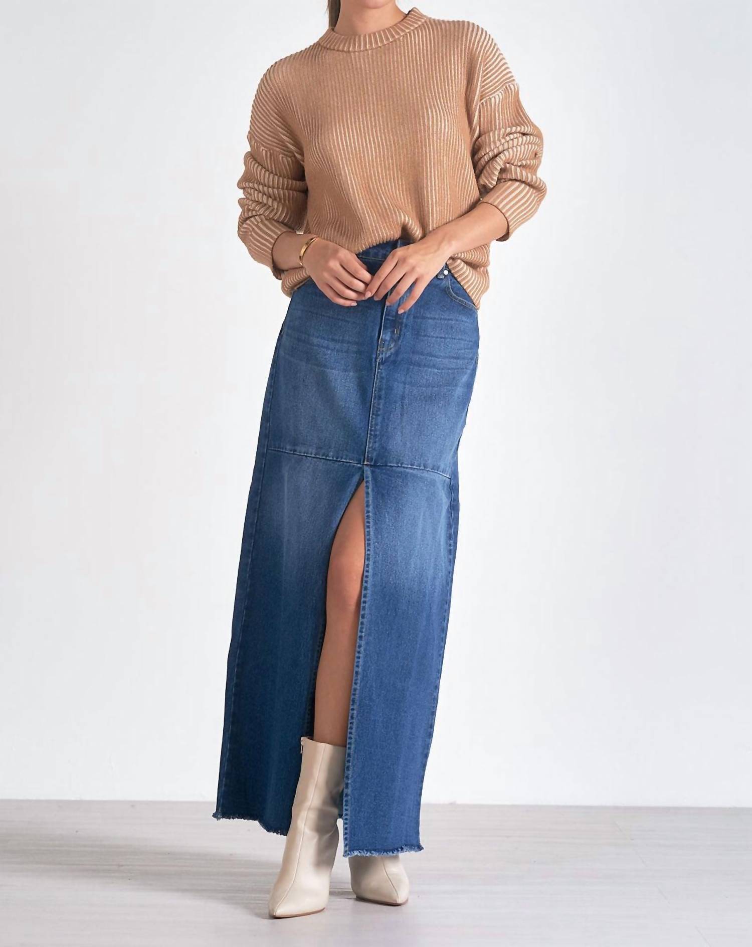 Elan - Kendra Ribbed Crewneck Sweater - brown - clothing - crew