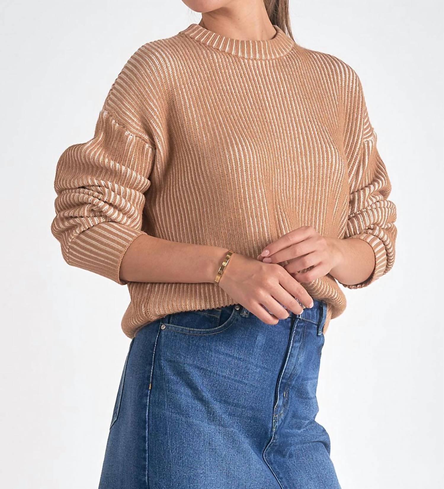 Elan - Kendra Ribbed Crewneck Sweater - brown - clothing - crew
