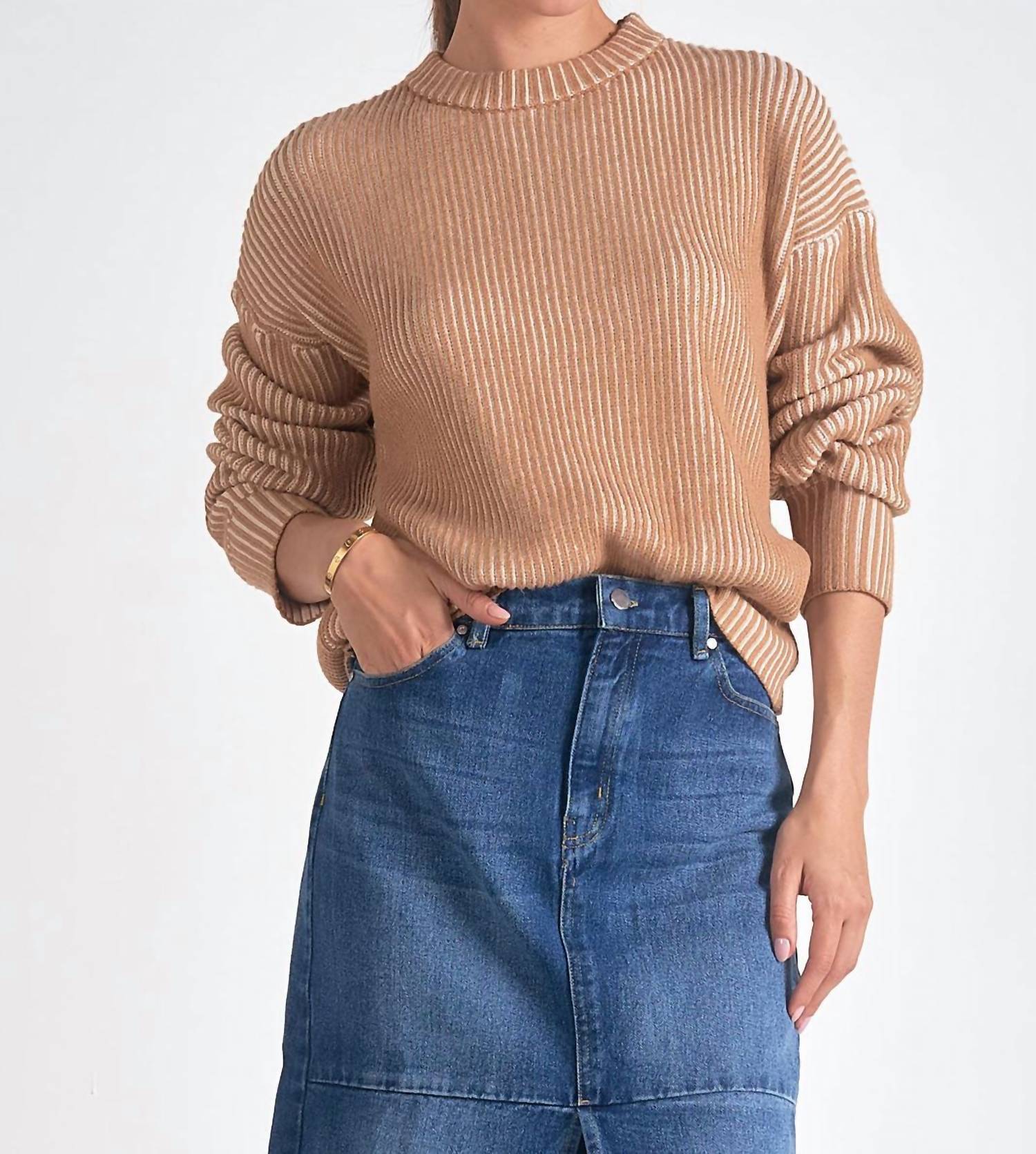 Elan - Kendra Ribbed Crewneck Sweater - brown - clothing - crew