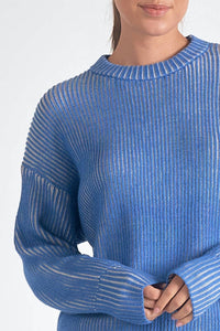 Elan - Kendra Ribbed Crewneck Sweater - blue - clothing - crew