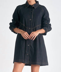 Elan - Long Sleeve Button Down A - line Denim Dress - black - clothing - cotton