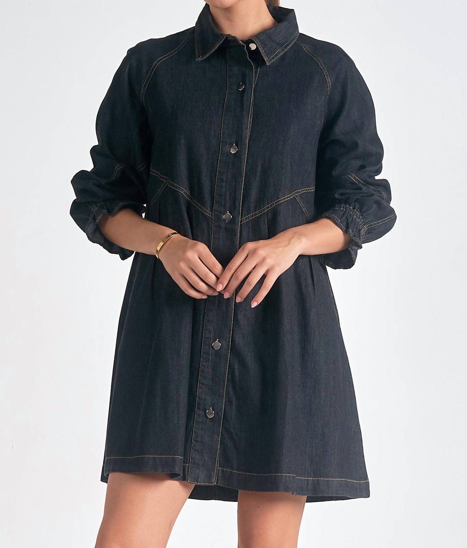 Elan - Long Sleeve Button Down A - line Denim Dress - black - clothing - cotton