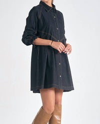Elan - Long Sleeve Button Down A - line Denim Dress - black - clothing - cotton
