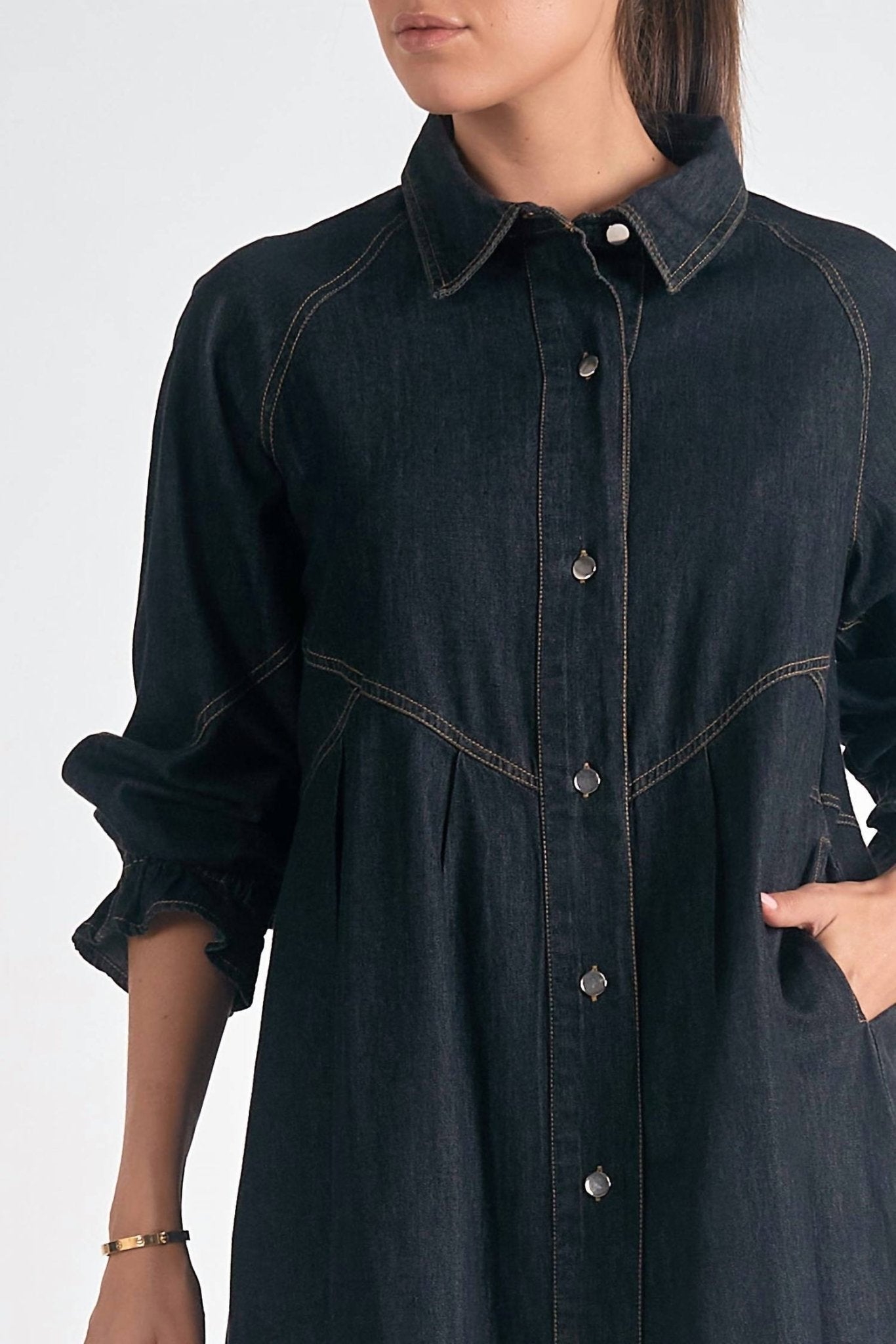 Elan - Long Sleeve Button Down A - line Denim Dress - black - clothing - cotton