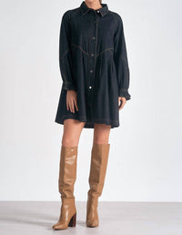 Elan - Long Sleeve Button Down A - line Denim Dress - black - clothing - cotton