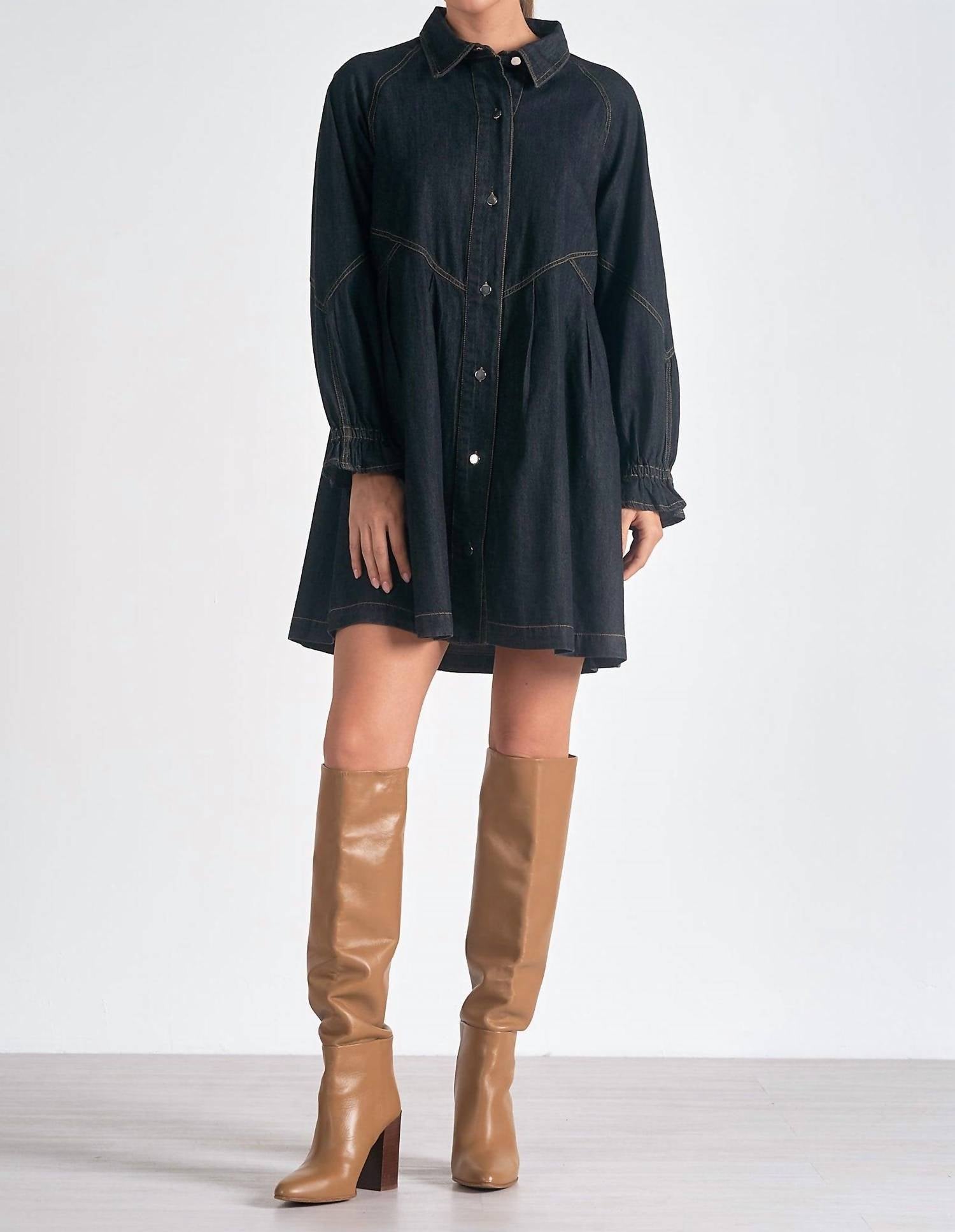 Elan - Long Sleeve Button Down A - line Denim Dress - black - clothing - cotton